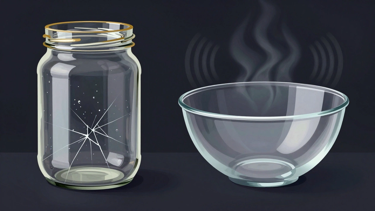 Два стеклянных сосуда: один с пузырьками и золотым ободком — трескается, другой — прозрачный и целый.