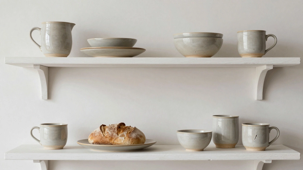 Локальная керамика с матовой текстурой на открытых полках в минималистичной кухне.