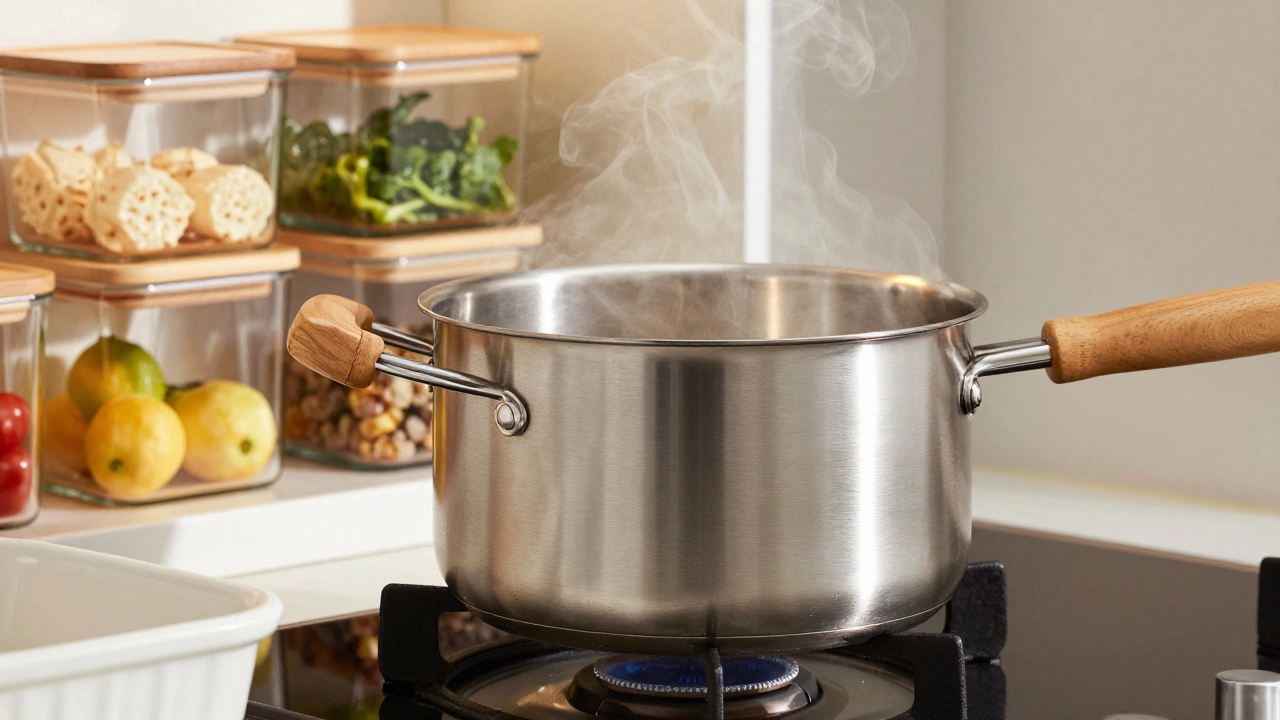 Матовая нержавеющая кастрюля с деревянной ручкой и стеклянные контейнеры на кухонной плите.