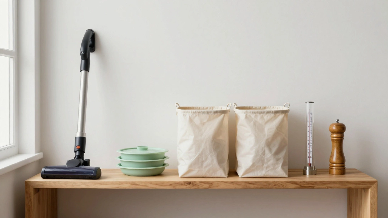 Пять практичных предметов для дома: пылесос, крышки, корзины, термометр, мельница.