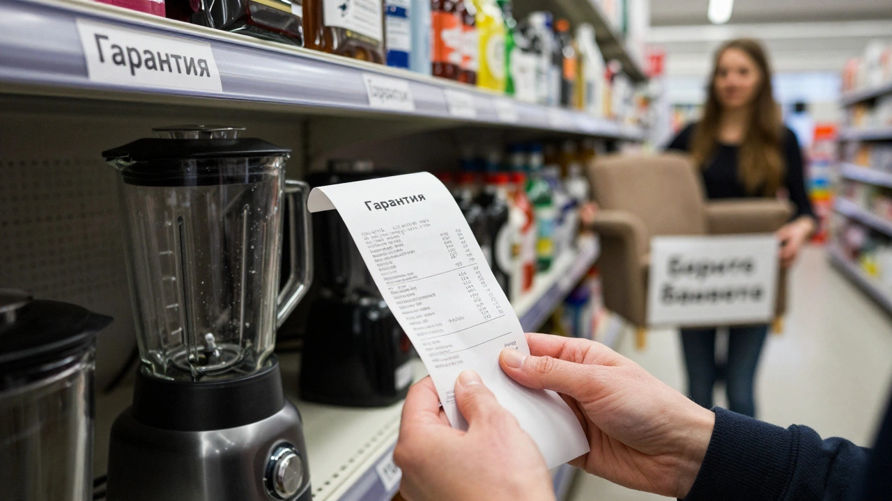 Покупатель возвращает бракованный блендер в магазин, на улице кто-то забирает диван бесплатно.