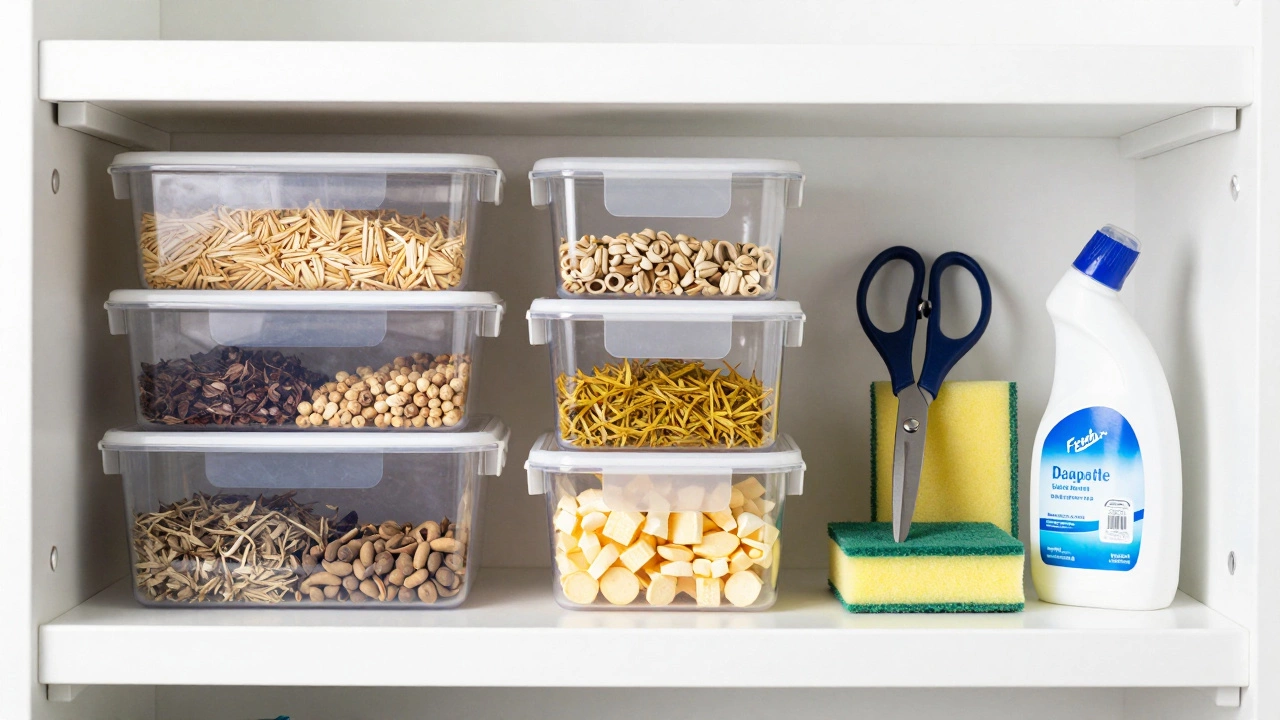 Прозрачные контейнеры для хранения и кухонные принадлежности на полке в кладовой