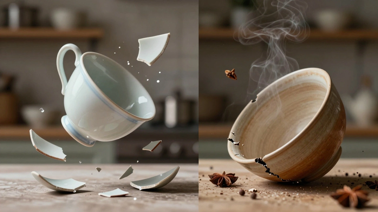 Разбитая фарфоровая чашка с крупными осколками и целая керамическая миска с трещиной, в воздухе пар и специи.