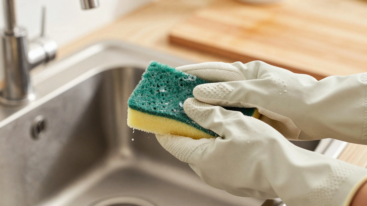 Резиновые перчатки с текстурой моют посуду под краном.