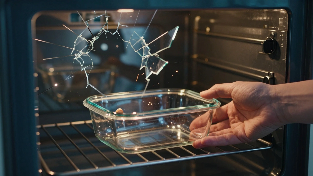 Рука кладет безопасную стеклянную посуду в микроволновку, за ней — силуэт разбитого стекла с искрами.