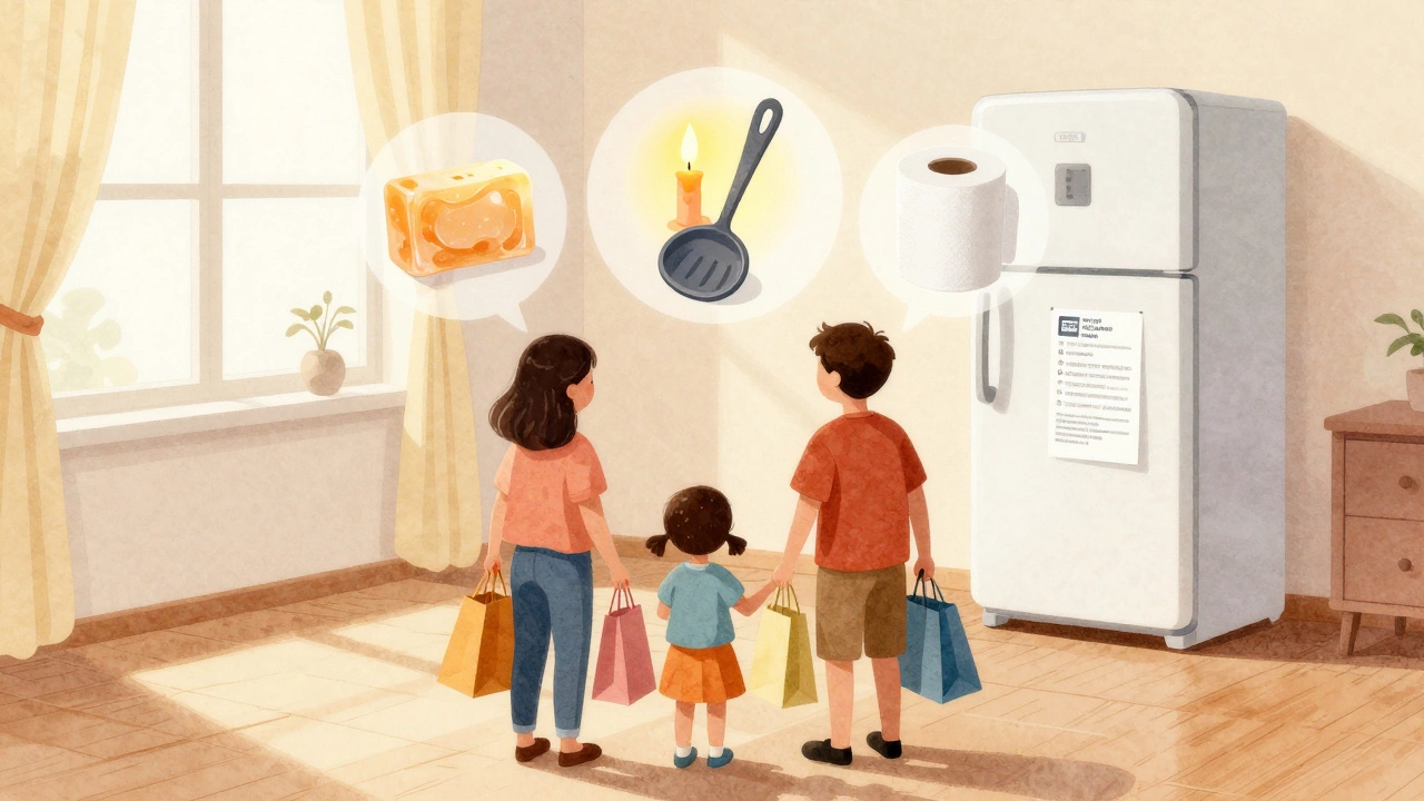 Семья с покупками, над головами которых плавают иконки категорий товаров для дома.