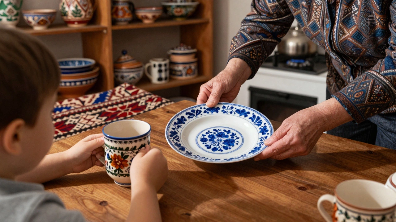 Семья за завтраком: ребенок держит керамическую кружку, взрослая женщина ставит фарфоровую тарелку.