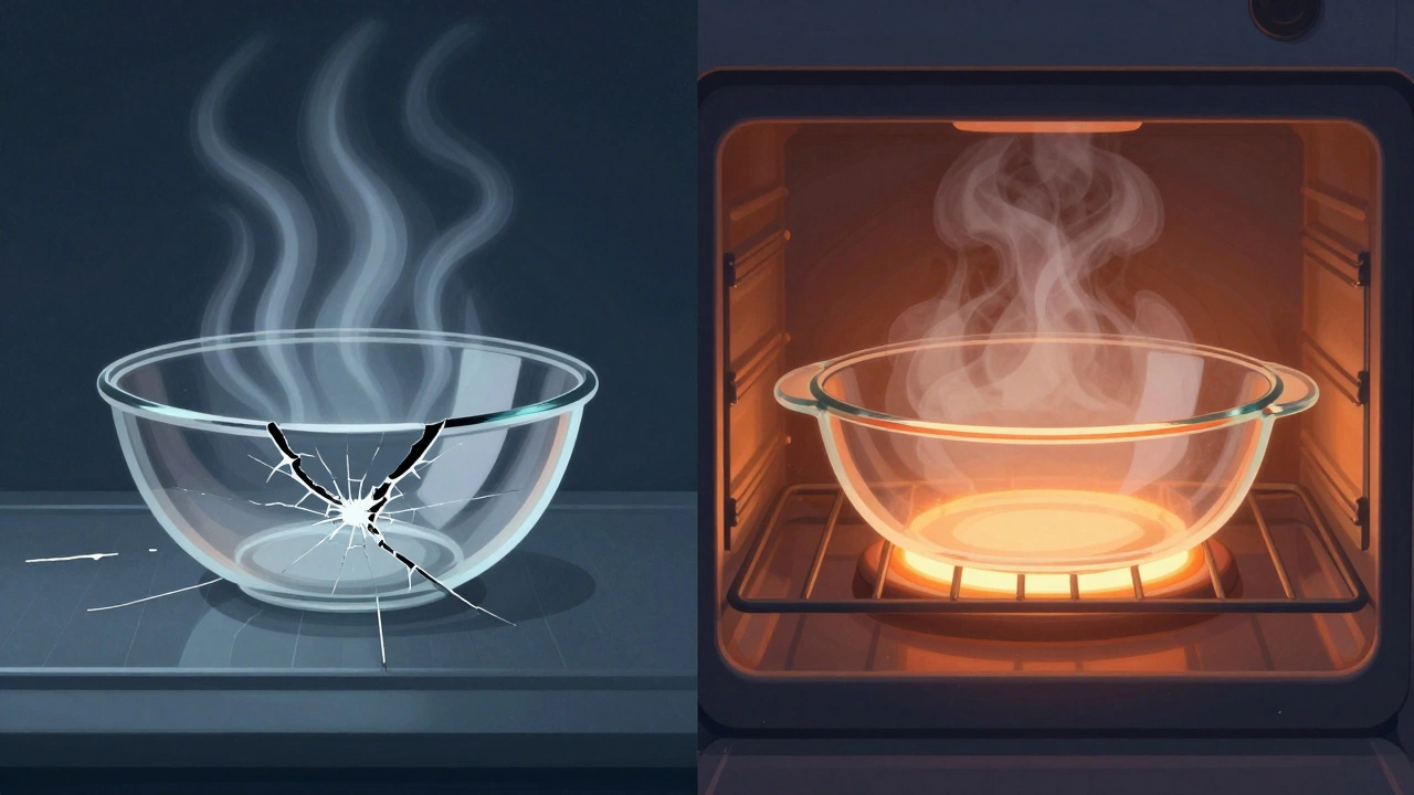 Сравнение: треснувшее обычное стекло в духовке и целое боросиликатное стекло, выходящее из морозилки.