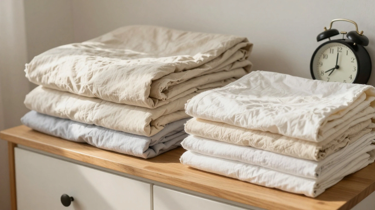 Старое и новое постельное бельё на тумбочке в спальне