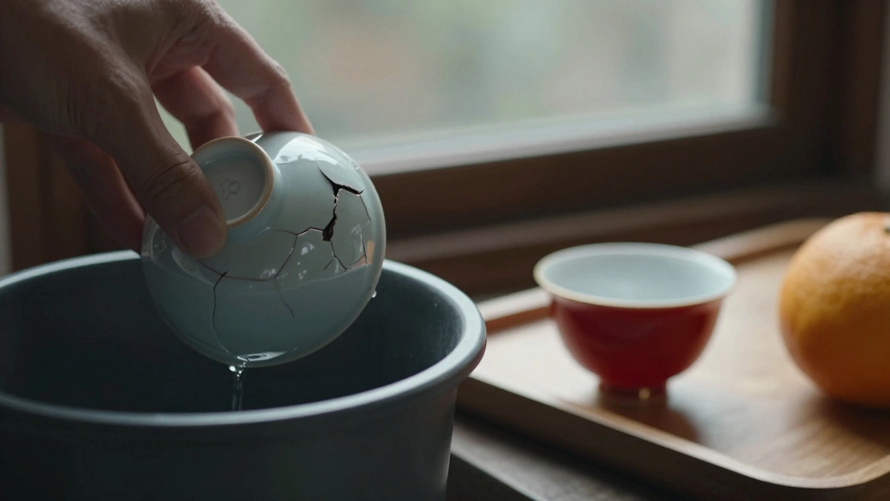 Трещиноватая чашка в мусорном ведре рядом с новой красной чашкой и апельсином на деревянном подносе.