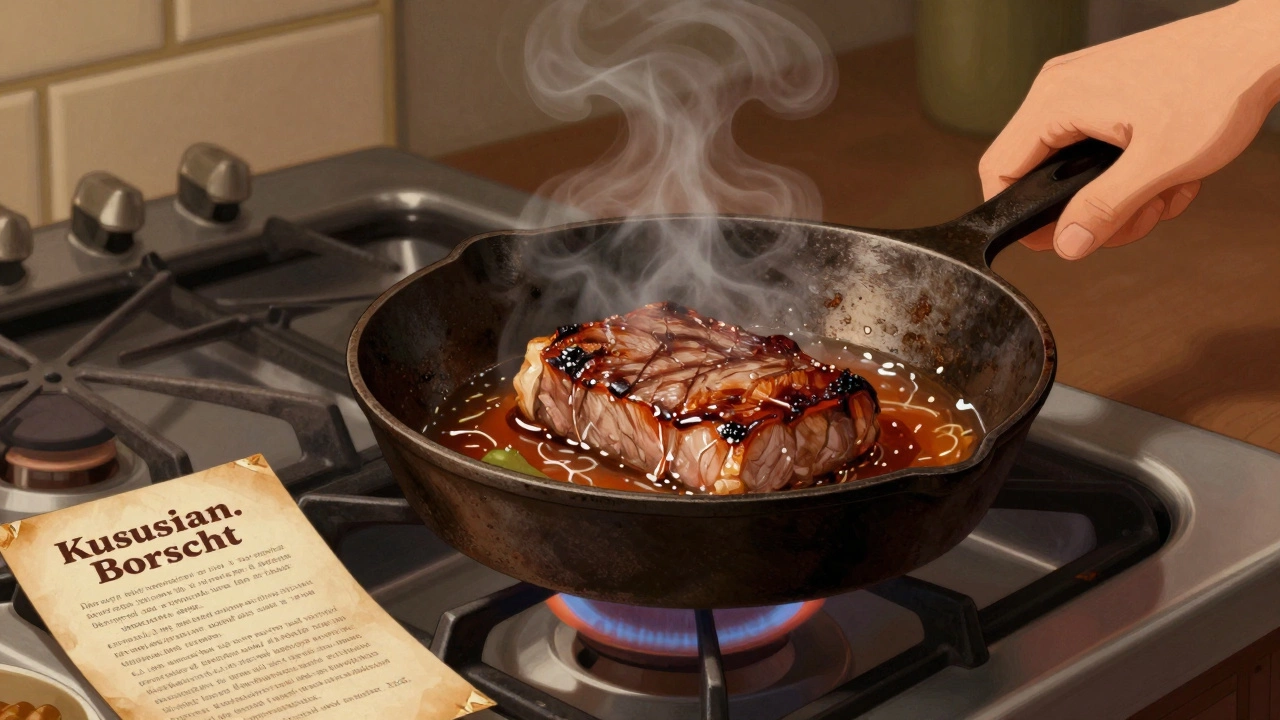 Чугунная сковорода на плите с жареным мясом и паром, рядом старый рецепт.