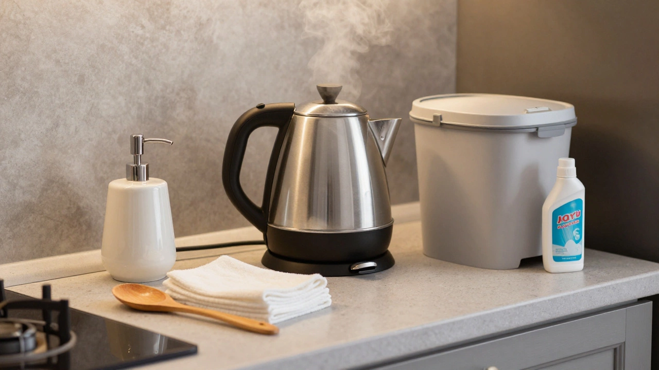 Кухонная стойка с электрочайником, тряпками и средствами для уборки.