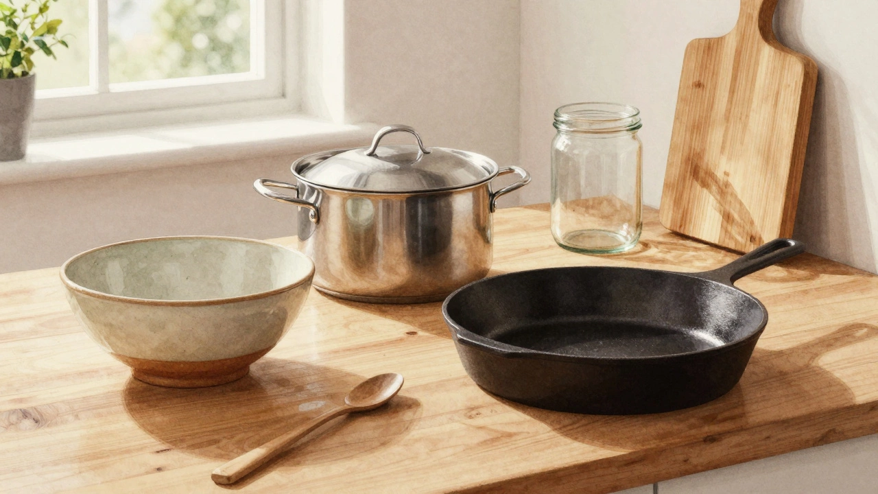 Разнообразие экологичной посуды на деревянном столе: керамика, сталь, чугун, стекло, бамбук