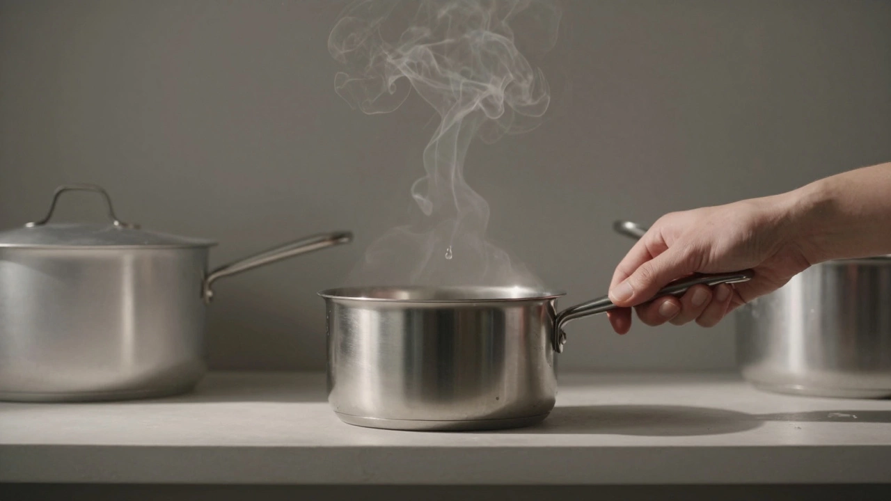 Рука кладёт нержавеющую кастрюлю на полку, а дешёвые варианты исчезают в дыму.