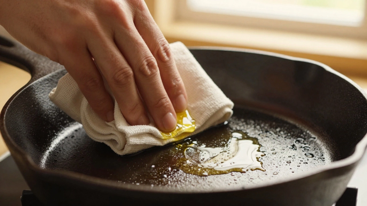 Рука наносит масло на чугунную сковородку для правильного ухода