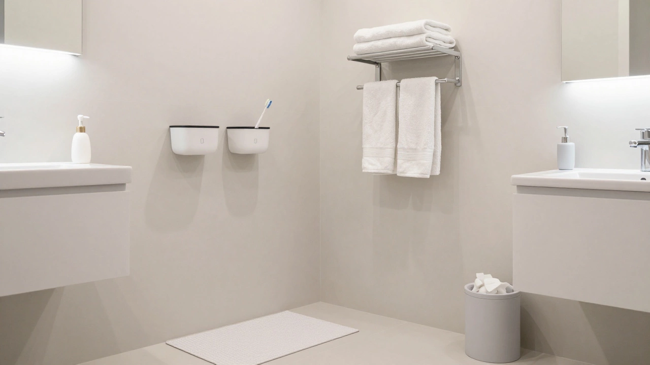 Современная ванная с ковриком, держателем для зубных щёток и полотенцами.