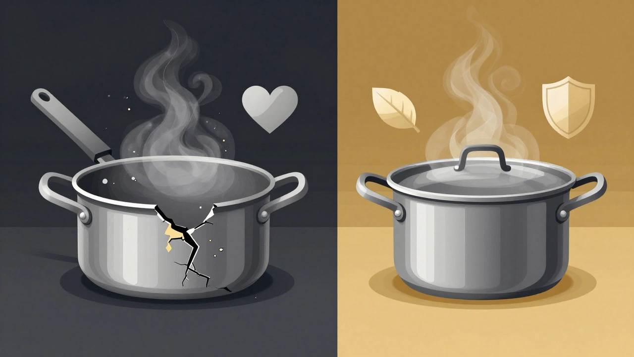 Сравнение опасной и безопасной посуды: треснувшая алюминиевая кастрюля и чистая нержавеющая.