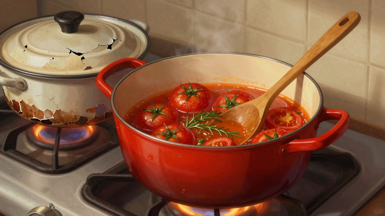 Сравнение прочной эмали Le Creuset и потрескавшейся дешёвой кастрюли на плите.