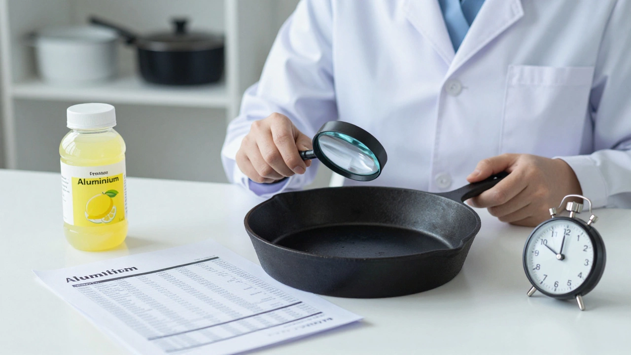 Врач осматривает чугунную сковороду через лупу, на столе — анализ крови и лимонный сок, подчеркивая связь между посудой и здоровьем.